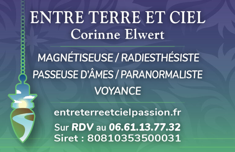 Carte de visite de la société "Entre Terre et Ciel". Magnétisme, Radiesthésie, Paranormal, Voyance.